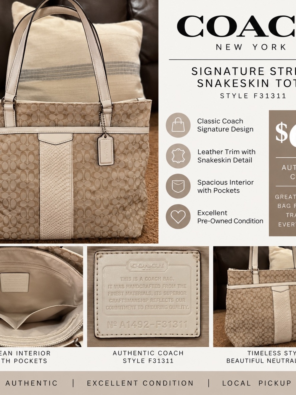 Coach Beige Signature Tote with Snakeskin Trim